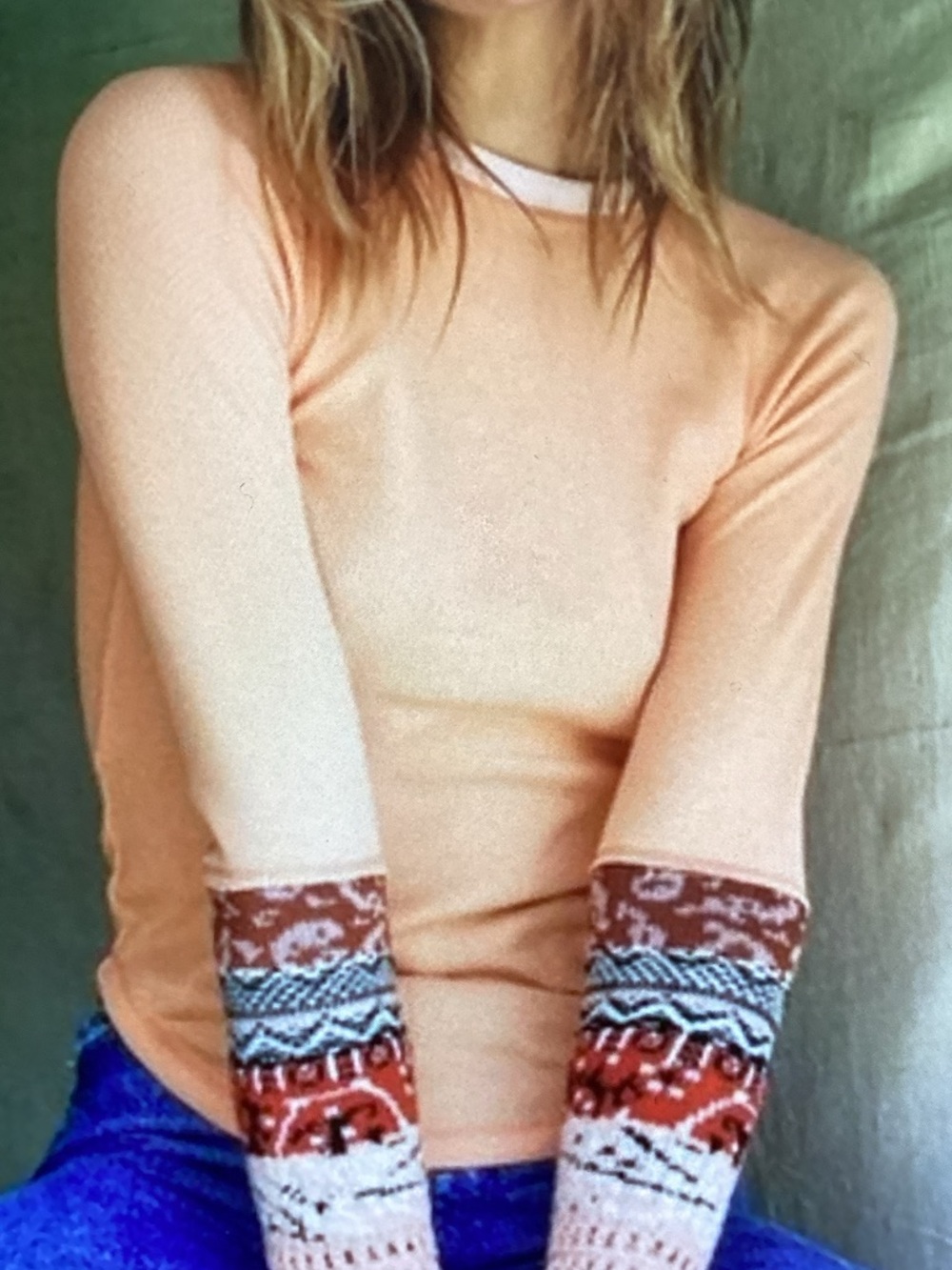 Peach Long Sleeve Tee with Patterned Cuffs